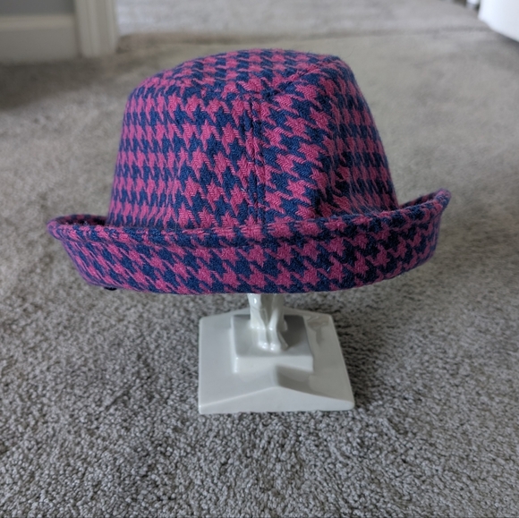 Pink and Blue Houndstooth Hat Wool Blend - Picture 3 of 7